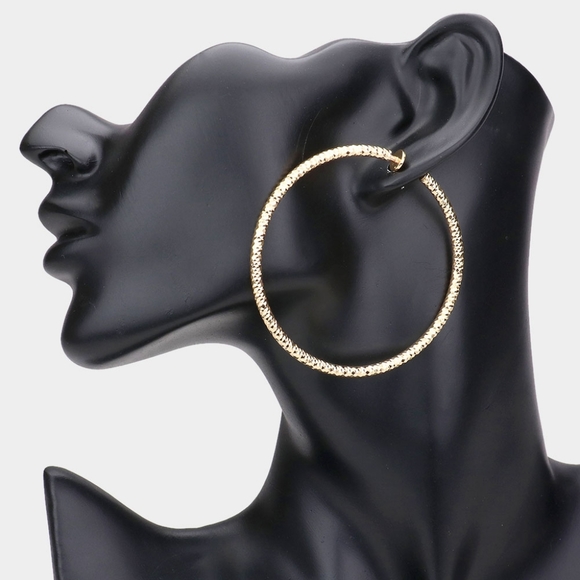 Gold Clip On Hoop Earrings 2.25" Textured Metal Casual Simple - Picture 1 of 2